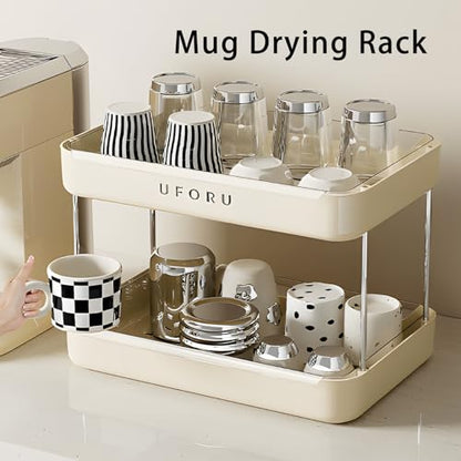 UFORU Countertop Coffee Station Organizer,Cup Rack,Mug & Wine Glass Holder | 2-Tier Cream White Mug Shelf with Removable Drain Tray,Bathroom Countertop Organizer,Spice Rack for Kitchen