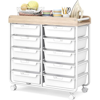 10 Drawers Rolling Cart with Wooden Tabletop, Util... (Pure White)