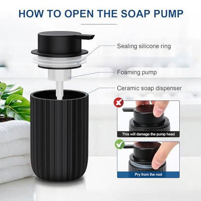 Ceramic Foaming Soap Dispenser, 12 oz Bathroom Foam Hand Soap Dispenser, Refillable Lotion Soap Dispenser with Removable Pump for Kitchen Hand Wash Dispenser, Modern Home Decor (Black)