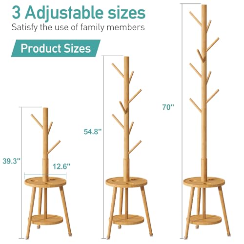 Coat Rack, Bamboo Wood Coat Freestanding with Umbrella Holder, Adjustable Height Coat Stand with 8 Hooks, kids coat rack, Used In The Bedroom Living Room, Office To Hang Clothes, Hats, Bags (Natural)