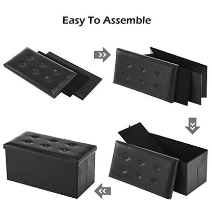 Youdesure 30" Ottoman with Storage, Folding Faux Leather Bench, Black | Foldable ottoman with hidden storage, padded seat and sturdy MDF frame for everyday use.