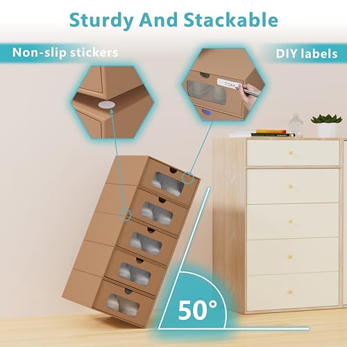 12 Pack Shoe Storage Bins, Waterproof Storage Boxes, Shoe Containers For Sneaker Display, Hat Organizer, Stack-able Cardboard Boxes, with Marking Labels, Transparent Window(13.2'' x 8.3'' x 5.1'')