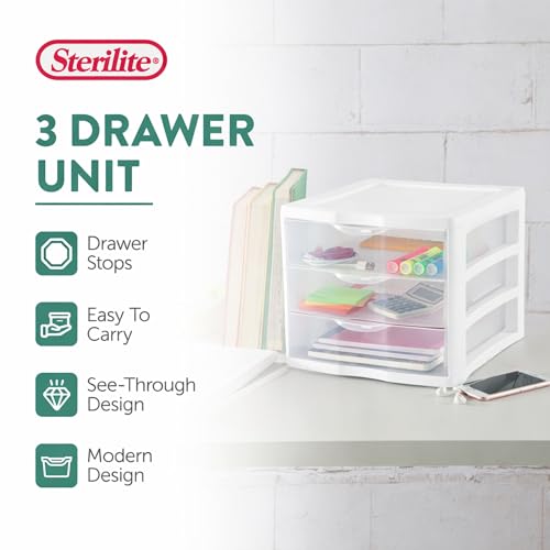 Sterilite Clearview Plastic Multipurpose Small 3 Drawer Desktop Storage Organization Unit for Home, Classrooms, or Office Spaces, White, 6 Pack | White - Organizing Drawers, Containers for Bathroom, Closet, Kitchen, and Bedroom