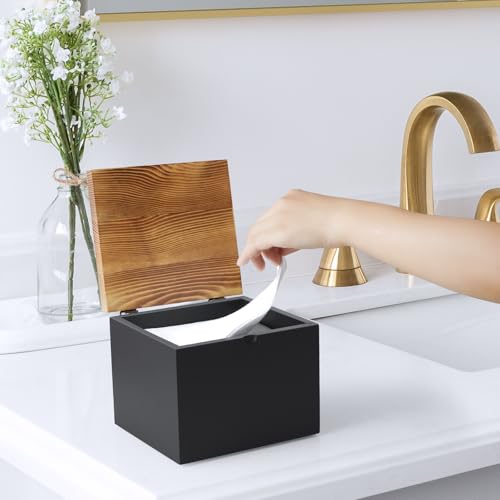 Disposable Face Towel Holder, Wooden Face Towel Container Compatible with Clean Towels XL, Face Towels Storage Box with Lid, Makeup Remover Organizer for Vanity, Bathroom, Black