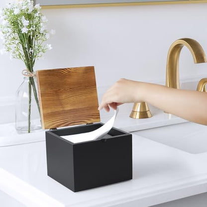Disposable Face Towel Holder, Wooden Face Towel Container Compatible with Clean Towels XL, Face Towels Storage Box with Lid, Makeup Remover Organizer for Vanity, Bathroom, Black