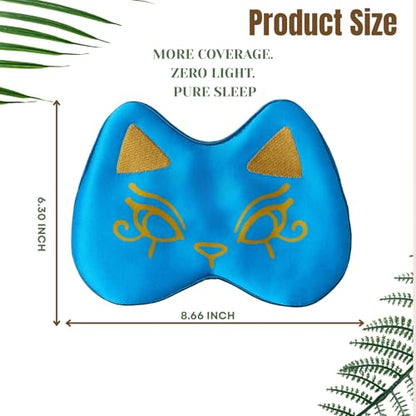 Cute Silk Sleep Mask Cat Eye mask for Sleeping Embroidered Adjustable Oversized Eye Cover Egyptian Bastet Blindfold with Gift Box（Nefertari Blue-Elastic Strap）
