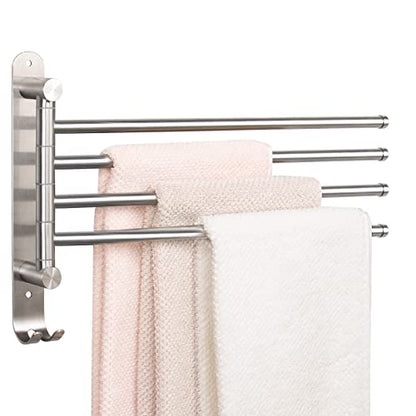 NearMoon Swivel Towel Rack, 13.8" Thicken 304 Stainless Steel 4-Arm Towel Bar, Space Saving Wall Mounted Towel Holder with Hook, Rustproof Swing Out Towel Hanger for Bathroom, Kitchen (Brushed Nickel)