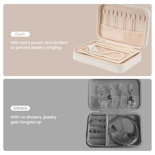 Lolalet Travel Jewelry Case for Women Girls -Medium, White | Jewelry Box Organizer for Travel Essentials, Mirror & Clear Storage Bag, Earring Necklace Bracelet Ring Holder, Mother's Gift