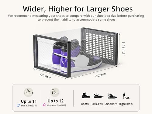 Kuject X-Large Shoe Storage Boxes 12 Pack, Clear Stackable Shoe Organizer | Shoe Case for Closet, Entryway & Under-Bed Storage, Drop-Front Design, Space-Saving Solution for Family Organization,Black