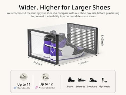 Kuject X-Large Shoe Storage Boxes 12 Pack, Clear Stackable Shoe Organizer | Shoe Case for Closet, Entryway & Under-Bed Storage, Drop-Front Design, Space-Saving Solution for Family Organization,Black