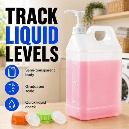 METAPACK 2 Pack 1 Gallon Jug with Pump, HDPE Plastic Laundry Detergent Container, Empty Square Jug for Liquid Soap, Oil, Sauces, Beverage, 4 Labels Included (Translucent)