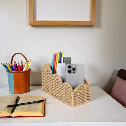 CubesLand Bedside Table Desk Organizer Caddy, Remote Pen&Pencil Holder Cup | Makeup Brush Holder w/Scalloped Perfect for Home, Office Desk, Living Room Table Decor, 3 Slots Beige