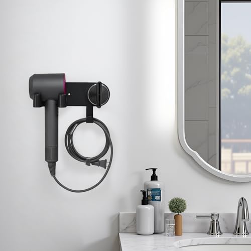 Wall-Mounted Hair Dryer Holder, Adhesive Blow Dryer Craddle | Hairdryer Cable Storage Organizer, Hair Tool Holder for Vanity, Screw Mount/Adhesive, Aluminum Alloy & ABS, Black