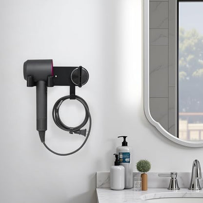 Wall-Mounted Hair Dryer Holder, Adhesive Blow Dryer Craddle | Hairdryer Cable Storage Organizer, Hair Tool Holder for Vanity, Screw Mount/Adhesive, Aluminum Alloy & ABS, Black