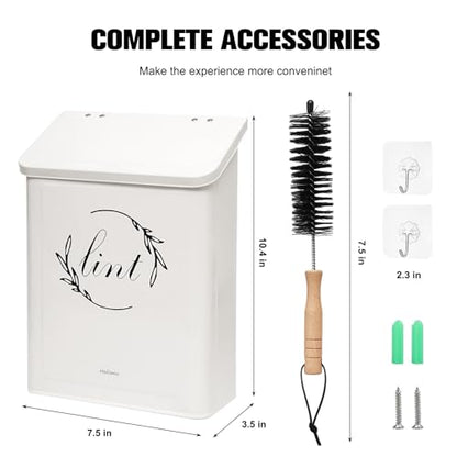 Magnetic Lint Bin for Laundry Room, Metal Lint Trash Can with Lid for Dryer, Wall Mounted Lint Holder Box with Lint Brush, Modern Farmhouse Laundry Room Decor, Cream