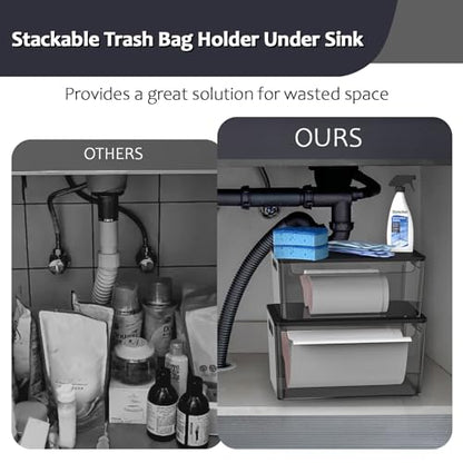 COAZEX 2 Pack Stackable Plastic Trash Bag Holder with Black Lids Under Sink | Black Container, Stackable Design,Side Handles, Safety Locks,Garbage Bag Roll Holder, Kitchen Cabinet, Laundry Organization