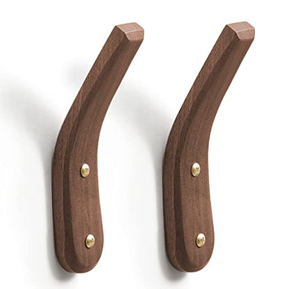 Wood Hooks Wall Mounted Minimalist Natural Real Walnut (2 Pack) | Easy Install, Hanging Towel Hat Coat Bag Cap Clothes Robe, Bathroom, Entryway, Mid Century Modern, Rustic, Boho, Decor