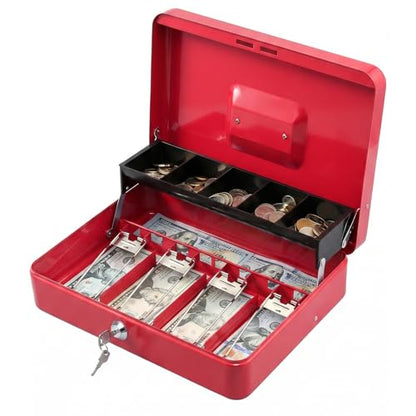 KYODOLED Locking Cash Box with Lock,Money Box with Cash Tray,Lock Safe Box with Key,Money Saving Organizer,11.81Lx 9.45Wx 3.54H Inches,Red XL Large
