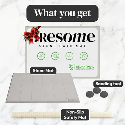 Stone Bath Mat for Bathroom, Diatomaceous Earth Bath Mat, 24" x 16", 1 Pack | Modern Alternative to Fabric Mats, Quick Drying, Fast Water Absorption, Includes Non-Slip Mat & Sanding Tool, Easy to Clean