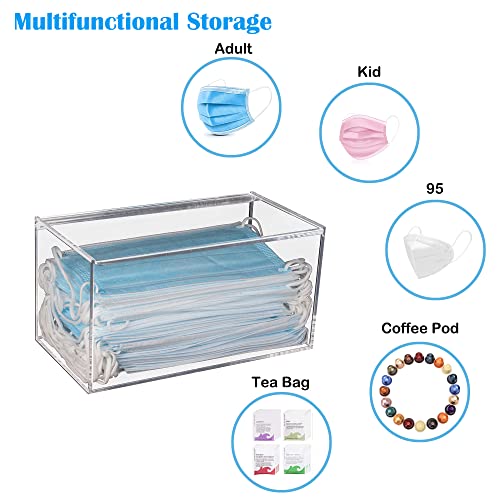 Face Mask Dispenser with Hinged Lid, Countertop Acrylic Mask Storage Box Holder Transparent Dust-Proof Mask Storage Case Container for Home Office Car, Clear