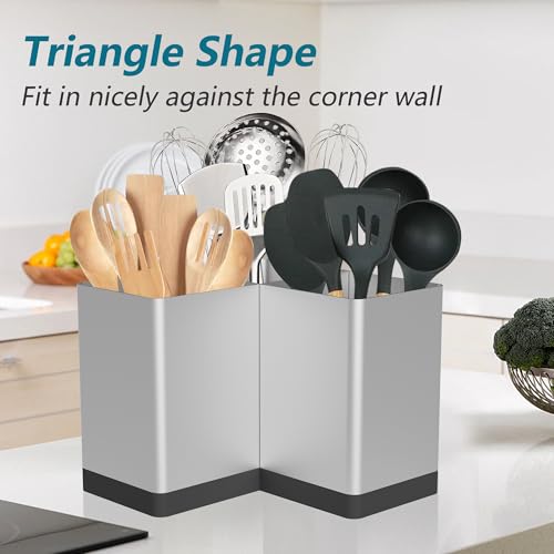 Extra Large Kitchen Utensil Holder Countertop for Corner Counter | Against Wall,Hold 40 tool,Easy to Clean,Spacesaving,Sturdy Farmhouse Cooking Utensil Organizer Caddy,Metal,Silvery