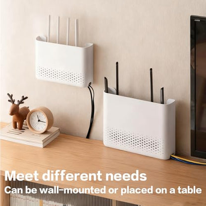 Wall Mounted Router Storage Box - No-Drill WiFi Router Organizer with Heat Dissipation Holes, Cable Management Box for Living Room, Bedroom, Study, Dorm, Apartment