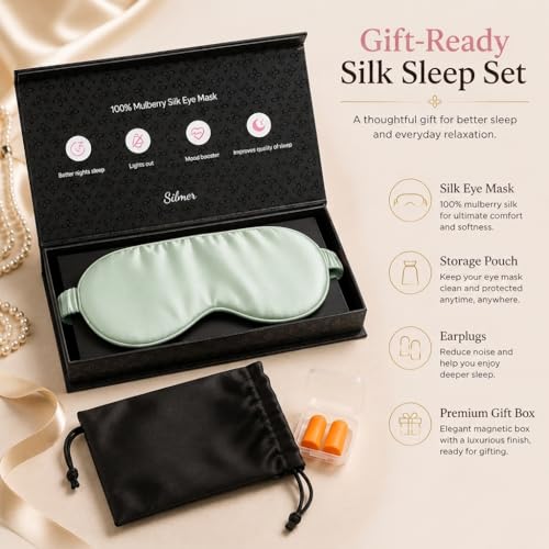 Silmer 100% Mulberry Silk Sleep Mask, 22 Momme 6A Silk Eye Mask for Sleeping, Soft Light Blocking Eye Cover with Silk Filling, Gift Box, Travel & Nap Sleep Mask for Women and Men (Green)