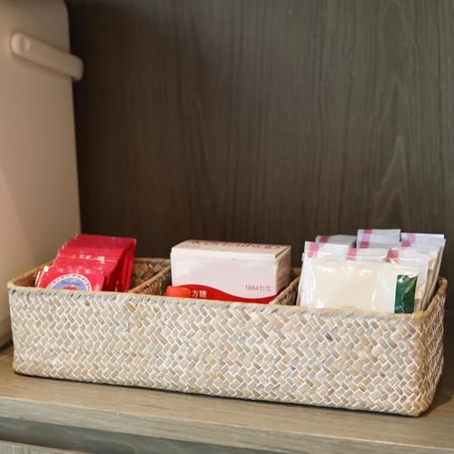 Seagrass Storage Basket for Bathroom, Wicker Toilet Basket Tank Topper, Woven Storage Box for Organizing (Whitewash, 14.6" x 4.7" x 3.1")