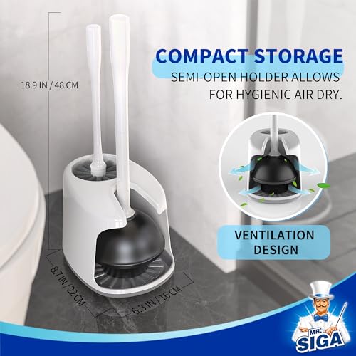 MR.SIGA Toilet Plunger and Brush with Holder for Toilet Cleaning, White | Heavy duty toilet brush and plunger set, plunger toilet brush combo
