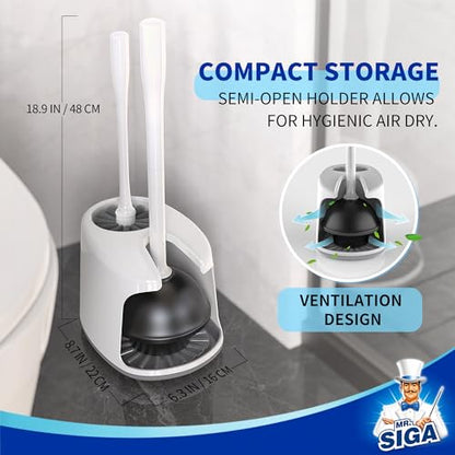 MR.SIGA Toilet Plunger and Brush with Holder for Toilet Cleaning, White | Heavy duty toilet brush and plunger set, plunger toilet brush combo