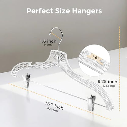 HOUSE DAY Clear Plastic Pants Hangers 12 Pack, Set Hanger for Tops and Bottoms, Non Slip Skirt Hangers with Adjustable Clips, Shoulder Notches, 360° Swivel Hook