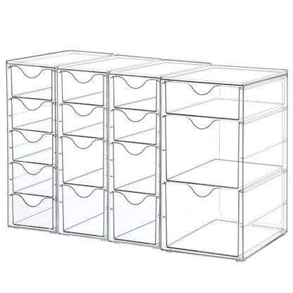 Vtopmart 4 Set Acrylic Desk Organizer with 16 Drawers for Office, Makeup | Clear Storage Drawers for Office Supplies, Desktop Organization for Makeup, Jewelry, Art Crafts, Bead, Pen, Stationary
