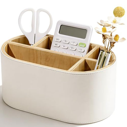 PU Leather Desk Organizer with Multi Compartments, Desktop Caddy Holder for Remote Controls, Pens, Makeup Brushes, Office Accessories (Beige)