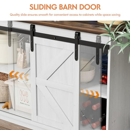 Shahoo Farmhouse Sideboard Buffet Cabinet, Coffee Bar Storage with Sliding Barn Doors, Shelf for Home Dining Room, White