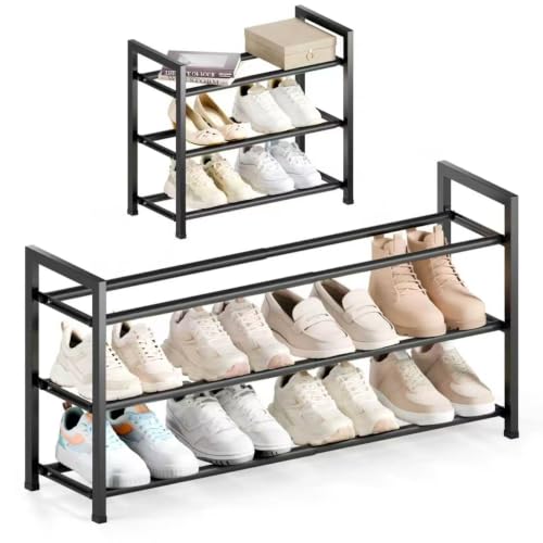 Bumusty 3 Tier Expandable Shoe Rack for Closet, Black | 18"-33" Adjustable Shoe Rack for Entryway, Small Shoe Organizer for Dorm, Front Door, Sturdy Metal