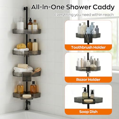 Corner Shower Caddy, Adjustable 4-Tier Rustproof Bathroom Organizer Shelves, 45-75 Inch No-Drill Quick Installation Bathtub Corner Shelf