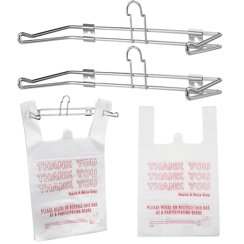 Lounsweer 2 Pcs Plastic Grocery Bag Holder with 50 Pcs Bags, T-shirt Sack Organizer Rack Hanging Holder, Storage Organization Accessories for Grocery Store Supermarket Restaurant Business