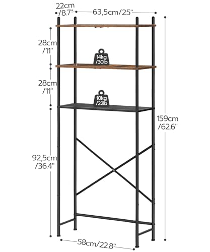 HOOBRO Over the Toilet Storage, 3-Tier Over Toilet Bathroom Organizer, Freestanding Above Toilet Shelf with Adjustable Feet, Space Saving, Easy Assembly, Rustic Brown and Black BF63TS01