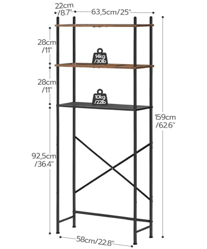 HOOBRO Over the Toilet Storage, 3-Tier Over Toilet Bathroom Organizer, Freestanding Above Toilet Shelf with Adjustable Feet, Space Saving, Easy Assembly, Rustic Brown and Black BF63TS01