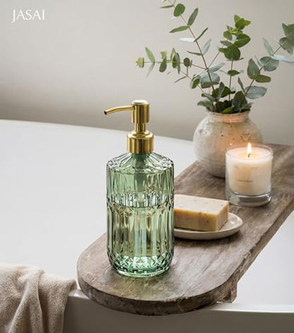 JASAI 2Pack 18Oz Green Glass Soap Dispenser with Gold Rust Proof Pump | Refillable Dish Soap Dispenser for Kitchen, Bathroom Soap Dispenser for Hand soap, Lotion, Body Wash, Liquid Soap