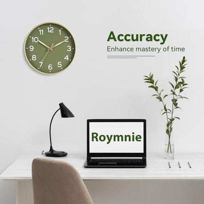 Roymnie 10 Inch Wall Clock Battery Operated Silent Non Ticking Green Analog | Green & gold modern analog; large 3D easy-read dial for kitchen, office, bathroom & bedroom; 1 AA battery (not included)