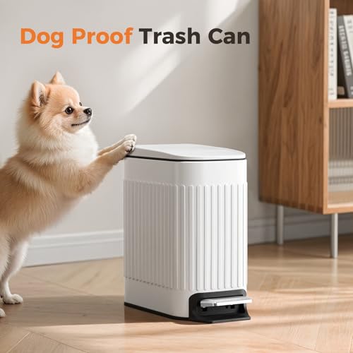 Slim Bathroom Trash Can with Lid Soft Close & Pedal, 1.6Gal, White | Removable Inner Bucket, Stainless Steel Garbage Can, Small Wastebasket for Toilet/Office/Bedroom, Retro Design, Odor Control