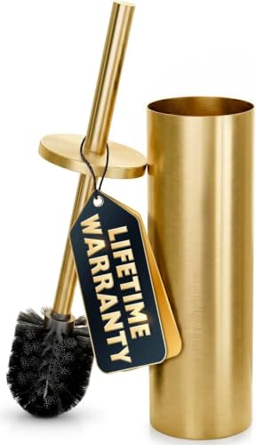 Stainless Steel Toilet Brush and Holder Set, Splash Guard (Gold) | Toilet Bowl Brush and Holder, Removable Inner Bowl, Dense Bristles, Long Handle, Scratch Resistant, for Modern Bathrooms