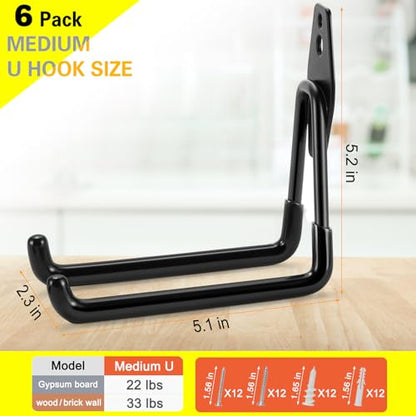 6 Pack Garage Hooks Heavy Duty Storage Organizer Wall Mount Power and Garden Tool Hangers, for Hanging Ladders, Ropes, Hose, Bulk Items