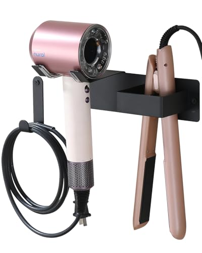 Hair Dryer Holder Wall Mounted, Hair Tool Organizer Wall Mount for Bathroom, Stainless Steel Hair Dryer Holder, Blow Dryer Holder Adhesive/Drilling Hair Dryer and Straightener Holder Black UEMUSI