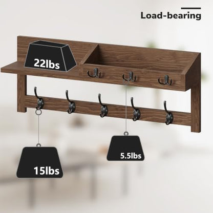 Wall Hooks with Shelf, 26.57 Inch Entryway Wood Coat Hooks for Wall with Shelf, Coat Rack Wall Mount with 5 Dual Hooks 3 Key Hooks Mail Organizer and Key Rack Holder (Brown)