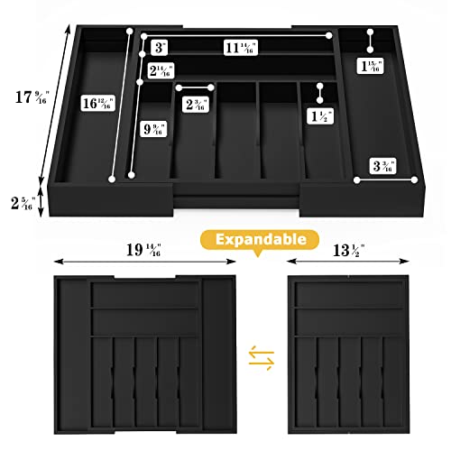 Utensil Organizer Silverware Drawer Organizer - Bamboo Expandable Cutlery Tray with Dividers for Utensil Holder Office Storage Makeup Desk Drawer Tool Organization W13.5"-19.5" x L17.5" x H2.5"(Black) | Expandable
