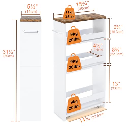 TEAMIX Slim Rolling Storage Cart, Wood 4-Tier Narrow Kitchen/Laundry Cart | 5.5"W Thin Cabinet with Wheels and Handle, Use as Spice Rack Next to Fridge, Laundry Room Organization Between Washer & Dryer