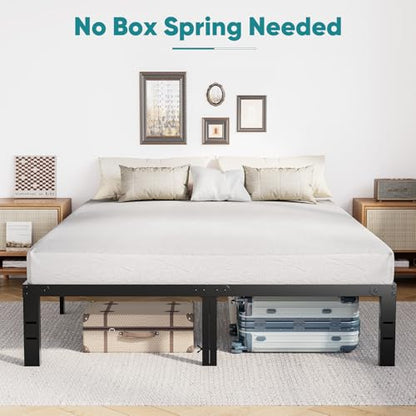 OLIXIS 14In Metal Queen Bed Frame with Storage Space, No Box Spring Needed with Sturdy Steel Slat Support, Heavy Duty and Easy Assembly, Platform Bed for Bedroom, Black