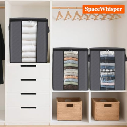 SpaceWhisper 3 Pack 100L Clothes Storage, Foldable Storage Bags, Grey | Thick Fabric, Clear Window, with Reinforced Handle, for Clothing, Blanket, Comforters, Bedding Organizing